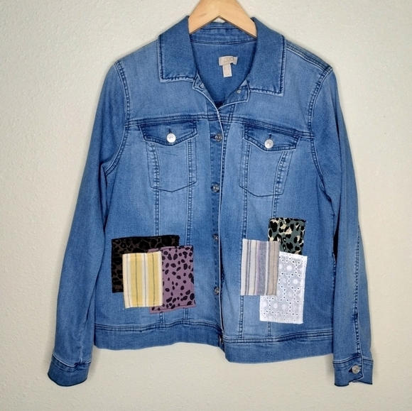 LOGO Lavish by Lori Goldstein Patchwork Denim Jacket size 12 - Picture 2 of 8